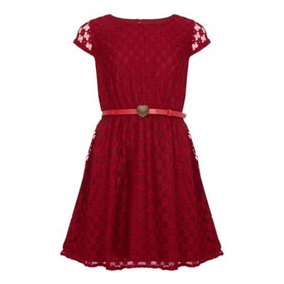 Yumi Girl Red Black Floral Lace Belted Dress